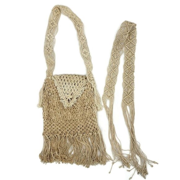 Vintage 70s Macrame Shoulder Bag Purse + Matching Belt Fringe Hippie Boho Unused - Picture 1 of 5